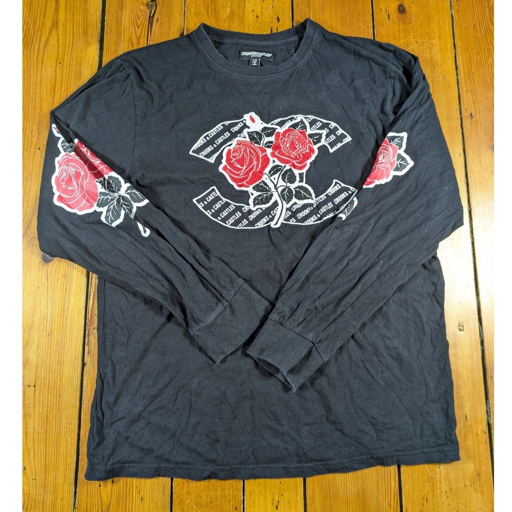 Crooks & Castles Mens Large Long Sleeve T-Shirt Black Rose Graphic Print